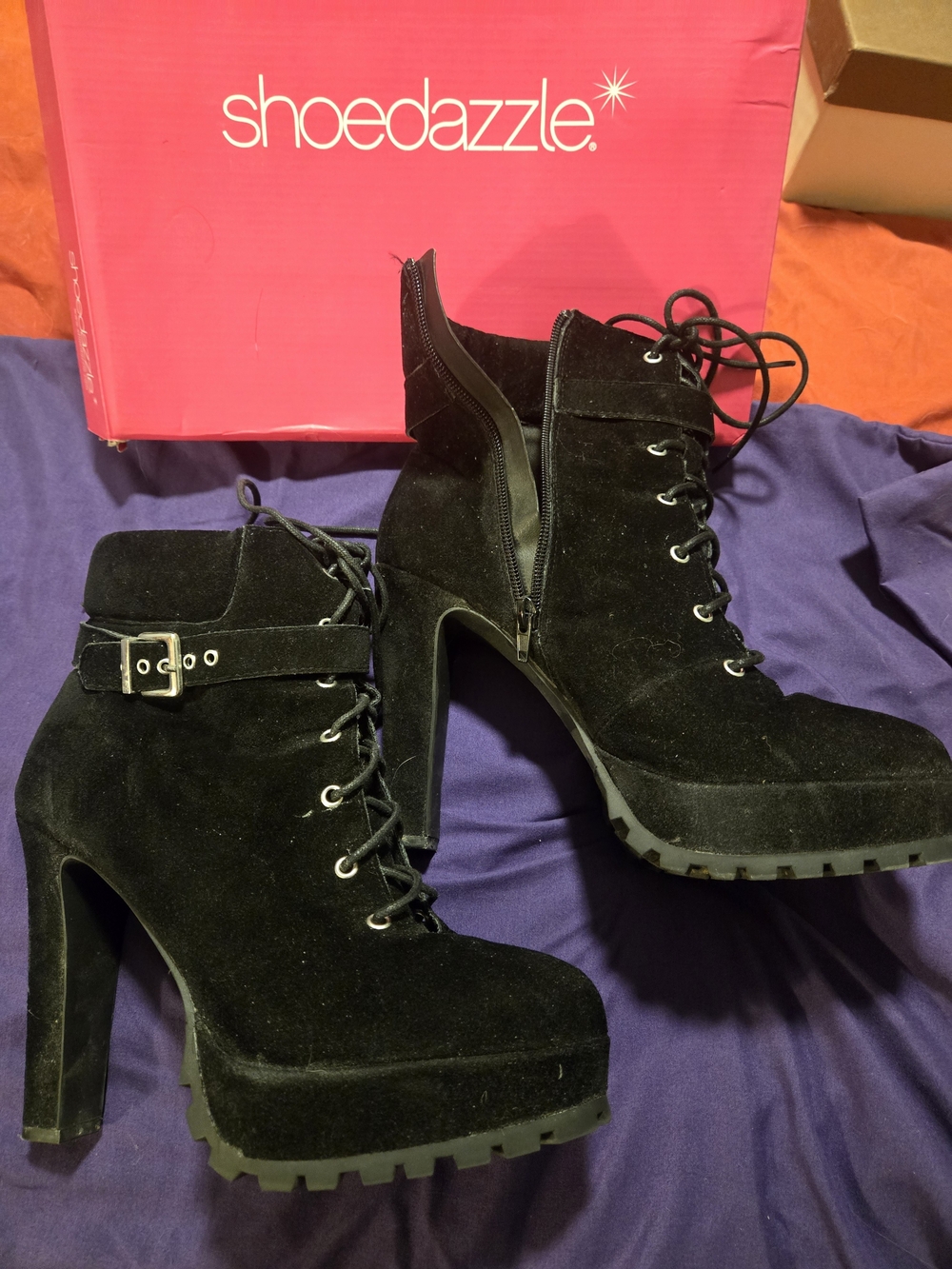 Shoedazzle Black Suede Lace-Up Platform Ankle Boots